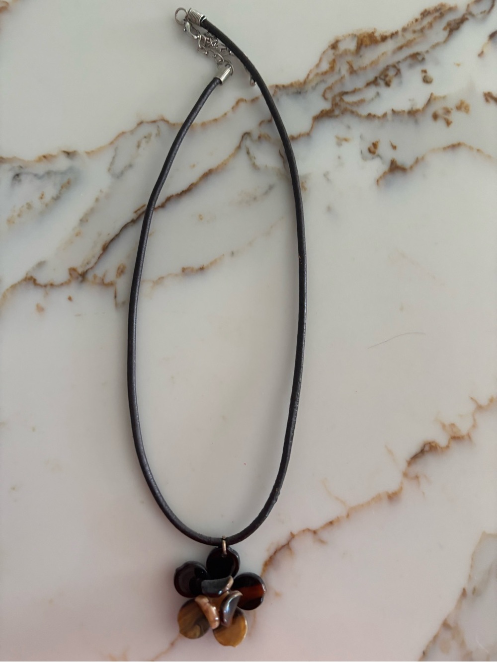 Handcrafted Black Leather Necklace with Multicolor Stone Flower Pendant